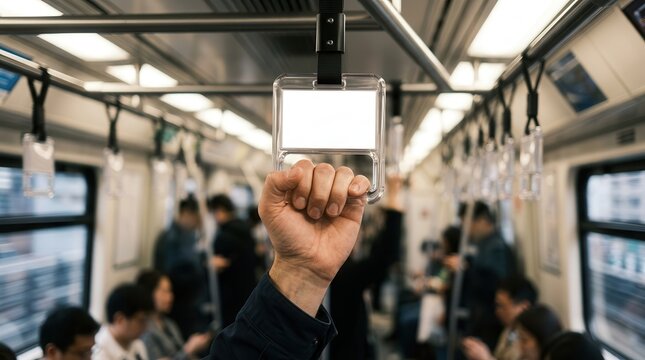 Close-up of a passenger holding a clear hanging strap with an empty area for ads on public transport.