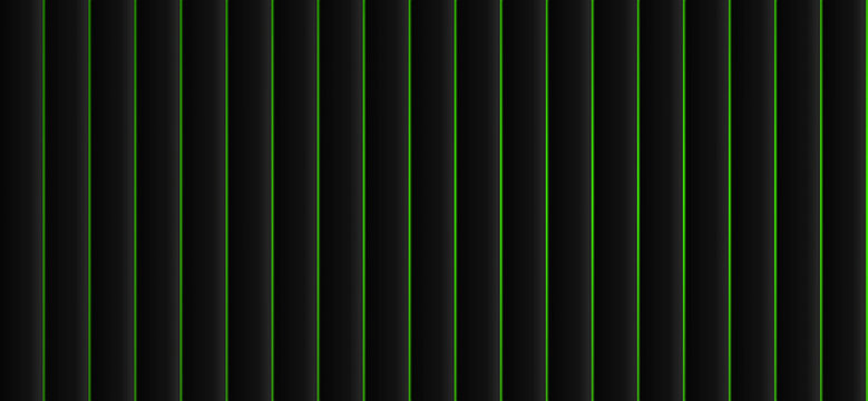 Dark black neon green vertical line stripe texture. Glowing parallel ribbed cylinder geometry, sleek cyber matrix mood. Striking energy drink billboard ad, tech overlay. 3d render graphic.