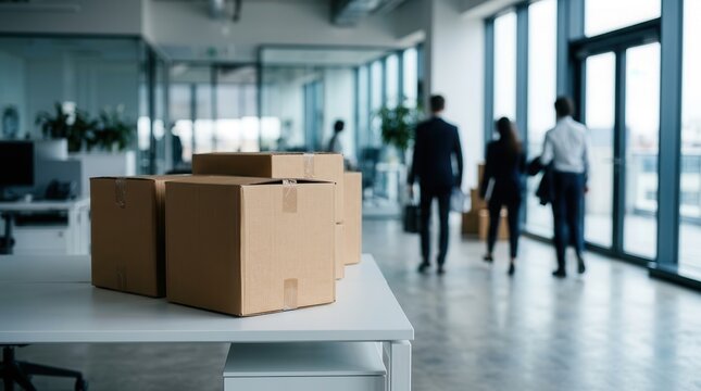 Corporate downsizing concept featuring moving boxes on a desk and departing employees.