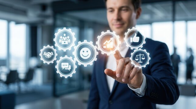 A professional hand interacting with gear icons representing improved employee morale and reduced staff turnover.