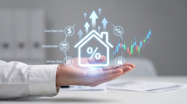 Person Holding Holographic Mortgage Rate Dashboard Showing Fixed Rate, Variable Rate, 30-Year Term Options with Rising Housing Market Candlestick Chart for Real Estate Finance Decision Making
