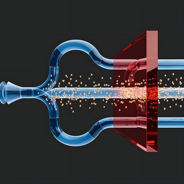 Concept of data splitting and filtering through a red glass prism with splitting particles connection transmission abstract movement processing information visualization