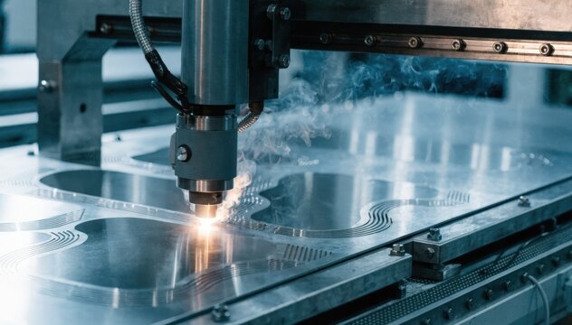 Medium shot showcasing stainless steel sheets being laser cut into smooth corrosionresistant handtool blanks emphasizing clean edges and reflective metal surfaces.