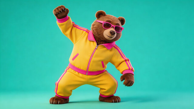 Animated bear in colorful outfit