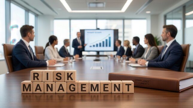 Enterprise governance framework and regulatory adherence shown with wooden blocks in a boardroom meeting.
