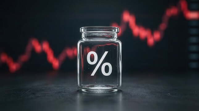 Percentage symbol inside a small glass jar reflecting market changes and financial rates.