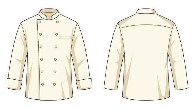 Blank cream chef jacket uniform template. Front and back views. Vector illustration.