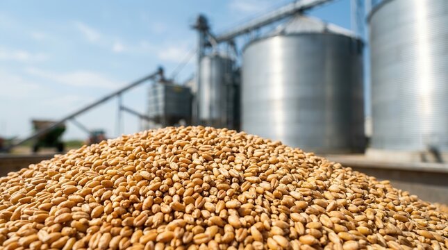 Large pile of cereal grains with industrial farming silos in the blurred background.