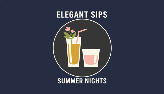 Elegant sips and summer nights logo featuring two stylish drink glasses and pink flowers within a white circular frame.