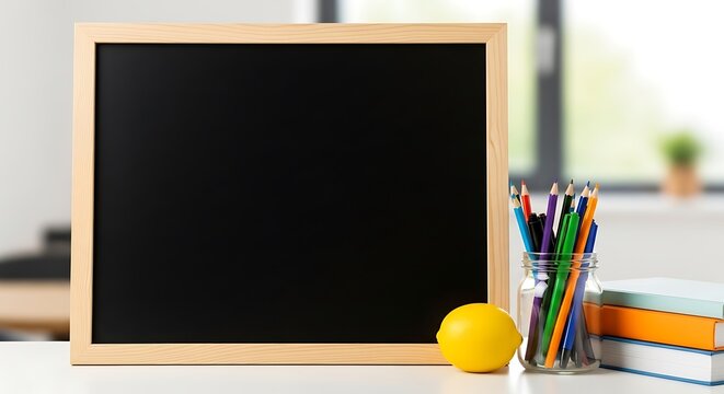 School supplies on a desk with chalkboard, books, and pencils