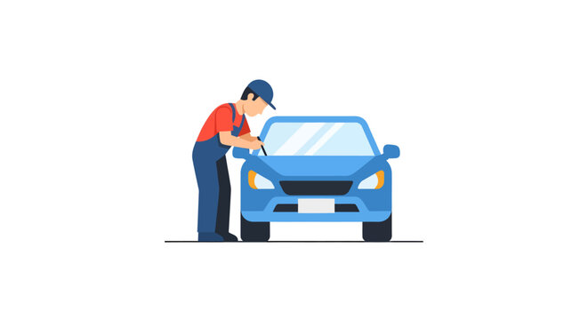 Mechanic inspecting blue car closely.