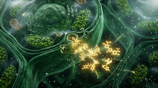 Microscopic 3D Render of Plant Cell Structures and Glowing Chemical Bonds Inside Chloroplast