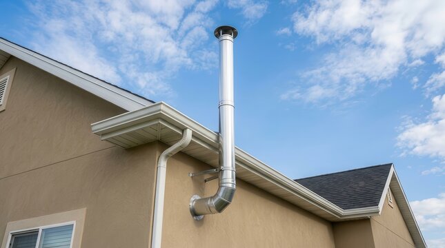 Rooftop vent pipe for radon mitigation installed on a residential home against a clear sky.