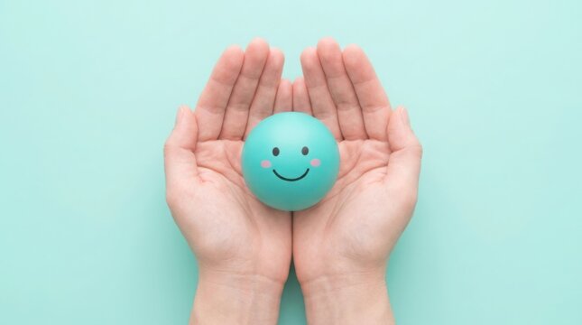 Hands cradling a smiling teal stress ball on a matching background