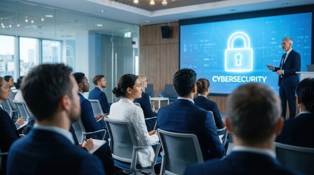 People watching a cybersecurity seminar with a digital lock symbol for information security awareness.