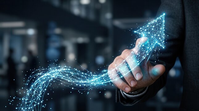 Strategic leadership and organizational shift symbolized by a hand directing a glowing digital arrow.