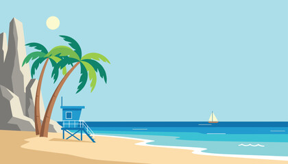 Obraz premium Serene tropical beach landscape featuring a blue lifeguard tower, palm trees, and a small sailboat on the calm ocean.