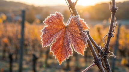 Fototapeta premium Close-up of frosted grape leaves in a vineyard during a golden sunrise.