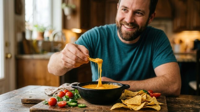 Delicious Tex-Mex cuisine featuring corn tortilla chips and melted cheddar cheese dip.