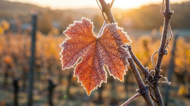 Close-up of frosted grape leaves in a vineyard during a golden sunrise.