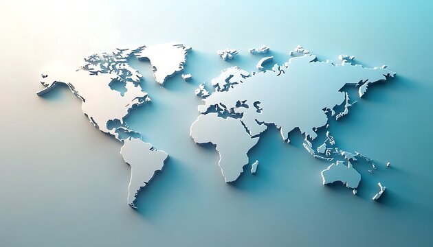 Stylized world map illustration with light blue continents on a light blue background.