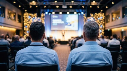 Fototapeta premium Back view of a professional audience listening to a speaker at a corporate seminar.