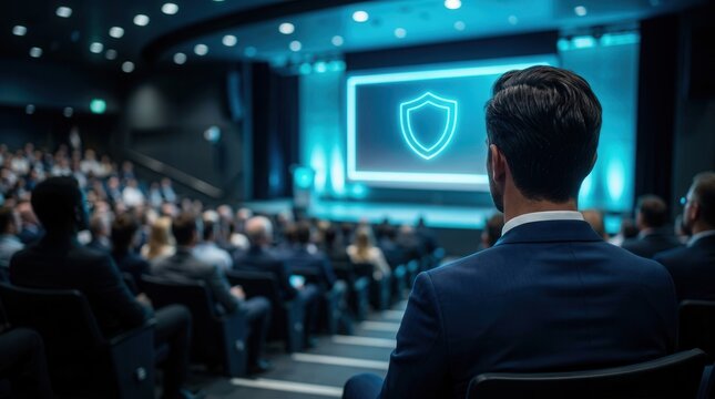 A professional audience at a business conference listens to a cybersecurity presentation featuring a digital shield icon.