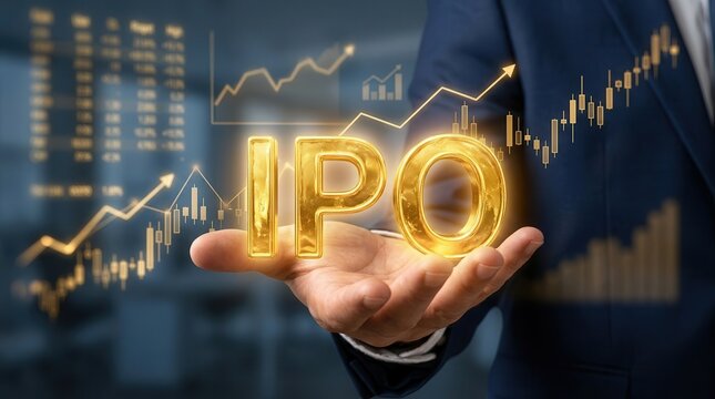 Financial growth concept featuring a glowing IPO text held in a businessman's hand above an abstract stock market chart.