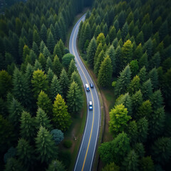 Fototapeta premium High angle view of vehicles traveling on winding asphalt road in forest.