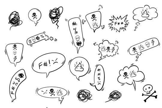 A collection of black and white hand-drawn vector illustrations featuring angry speech bubbles, swear words censorship, skulls, lightning bolts, poop emojis, and scribbles representing anger, frustrat