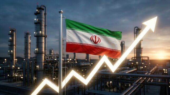 An upward-trending economic line graph with the Iranian flag set against an oil refinery.