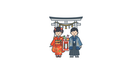 Children in Traditional Japanese Kimono and Hakama at Shinto Shrine © Danang