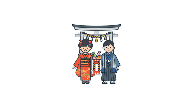 Children in Traditional Japanese Kimono and Hakama at Shinto Shrine
