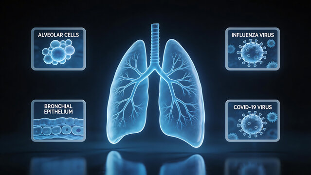 Human lungs with virus and cell structures