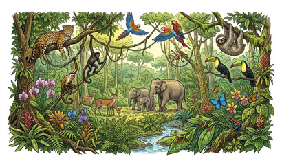 Fototapeta premium Rainforest wildlife landscape hand drawn vector with tropical animals birds and trees
