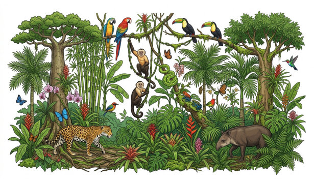 Tropical rainforest jungle landscape with wildlife birds and botanical vector illustration