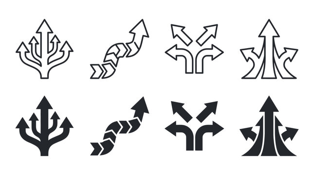 Set of directional arrow icons showing various paths, routes, and divergent growth patterns in linear and silhouette