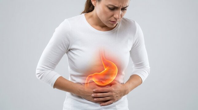 Female suffering from stomach issues with a glowing stomach graphic indicating discomfort.