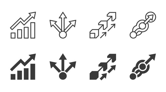 Business growth and strategy arrow icons featuring bar charts branching options interconnected progress, strategy