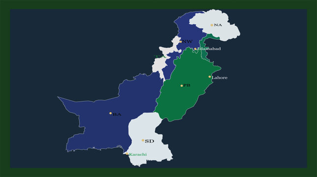 A political map of Pakistan highlighting its provinces and major cities like Islamabad, Lahore, and Karachi.