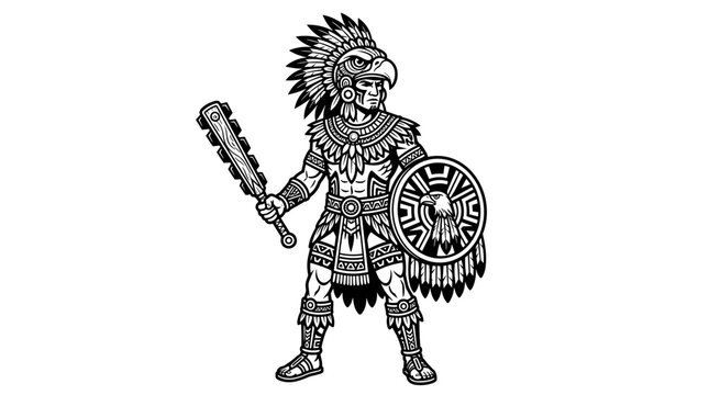 Aztec Warrior with Shield and Macuahuitl Illustration.