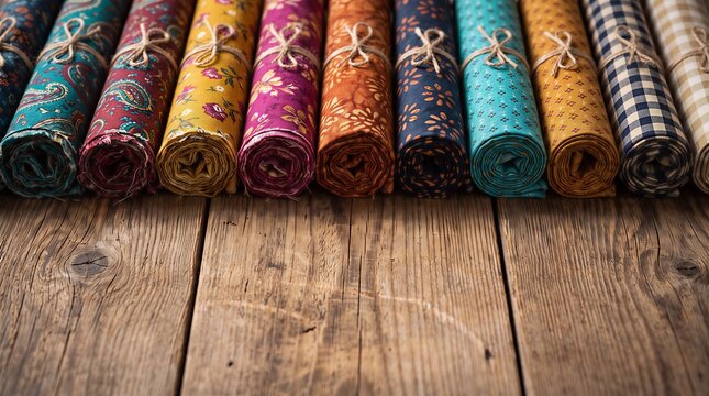 Assorted colorful fabric rolls arranged on rustic wooden table with textiles colorful materials patterned seamstress workshop haberdashery clothing creative