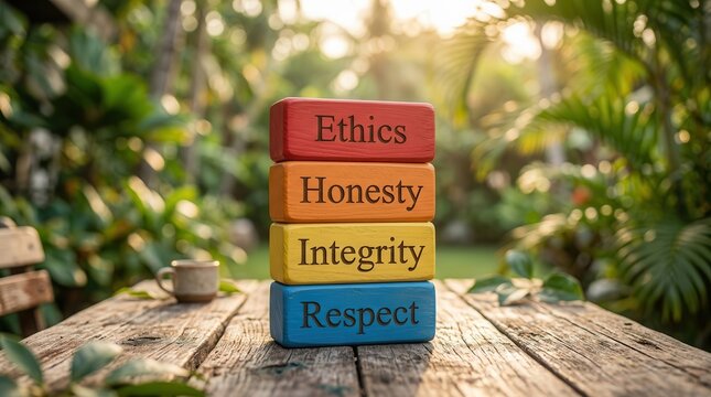 Stack of colorful wooden blocks representing core values of ethics, honesty, integrity, and respect.