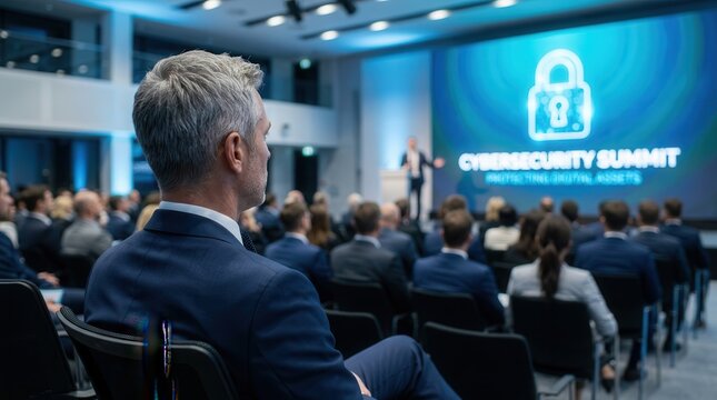 Information security awareness seminar showing a large digital lock on a presentation screen.