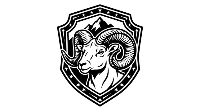 Bighorn Sheep Emblem with Mountains and Stars.