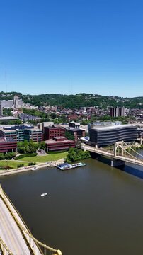 Aerial footage along the Allegheny River in Pittsburgh Pennsylvania USA