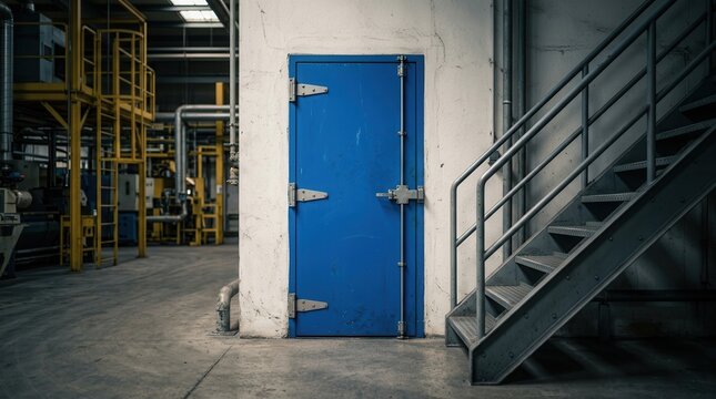 Industrial factory exit featuring a blue metal door and metal staircase with railings.