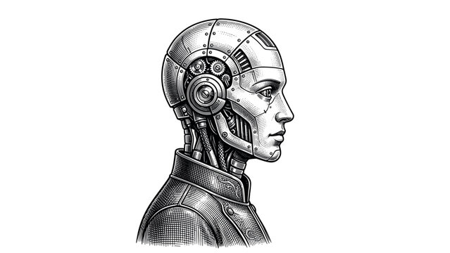 Detailed illustration of a cyborg head in profile with visible gears and mechanical components