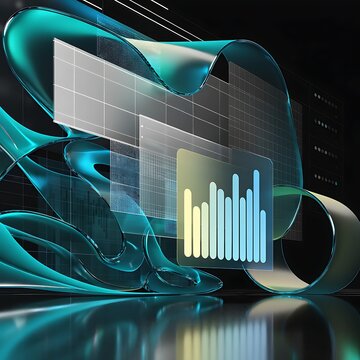 Abstract digital data visualization with blue glowing bar charts and fluid wave forms visualization abstract technology analytics statistics business information innovation