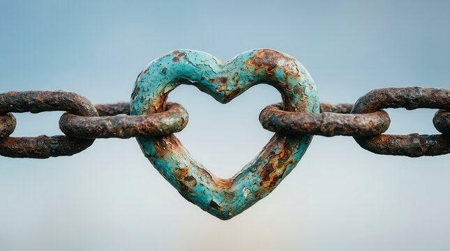 A turquoise heart-shaped link symbolizes enduring love between two heavy metal chains.